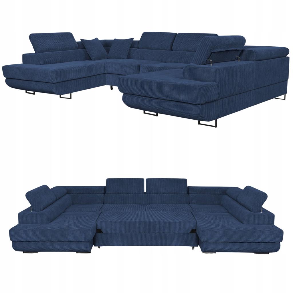 U-shaped Corner Sofa Bed, Extendable F. Savio Family Sleeping Furniture Navy Corduroy