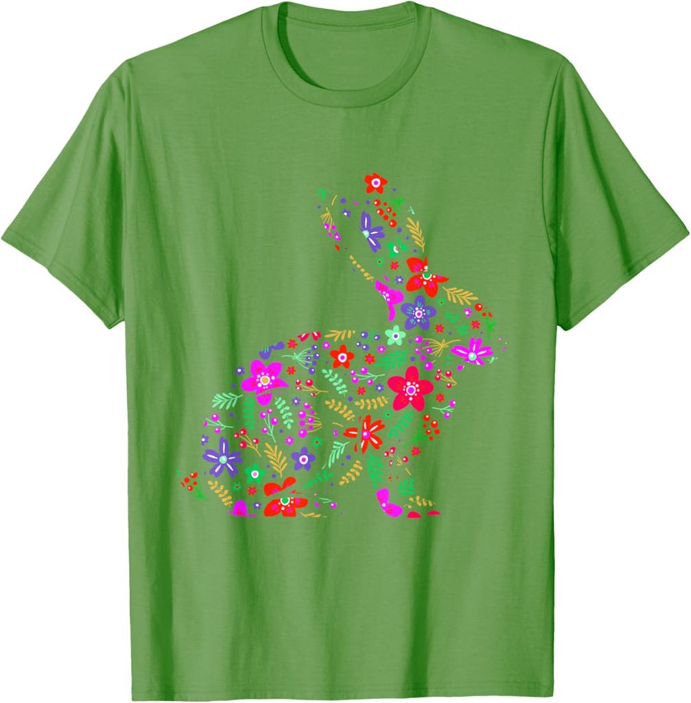 Floral Easter Bunny Rabbit Silhouette Spring Flowers Graphic T-Shirt Men Casual Trip