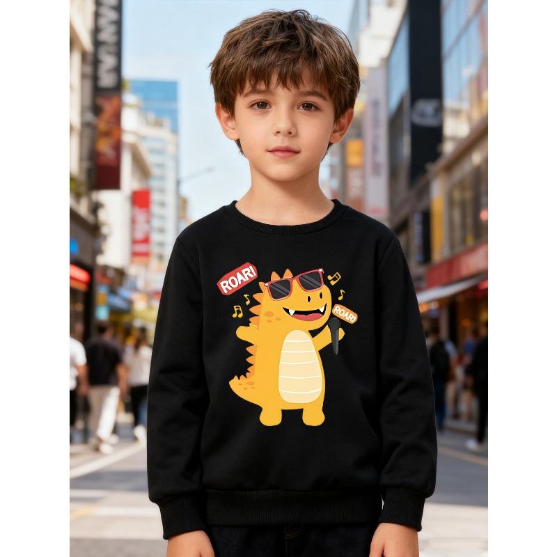 European Sizes Kids' Stylish Sweatshirt, Round Neck Pullover for , Featuring a Singing Dinosaur Print, Suitable for Casual Wear And Outdoor Activities