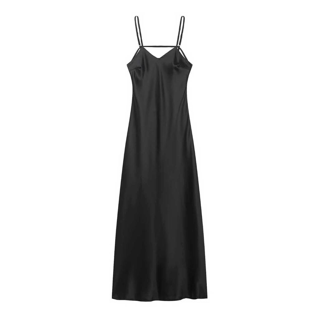 European Women's Fashion: Silk Satin Midi Slip Dress with Decorative Style