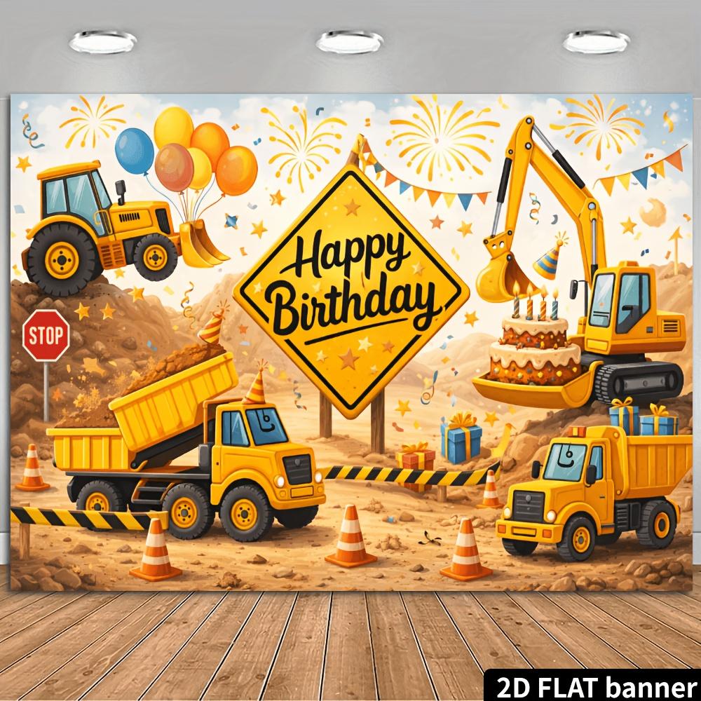 Sfondo striscione per festa di compleanno a tema veicoli da cantiere con bulldozer escavatori camion ribaltabili e altri da cantiere