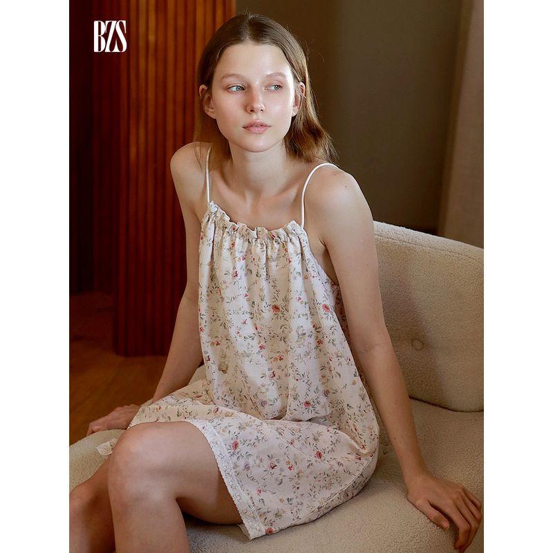 2025 Summer Girls' Lace Edge Home Wear Gauze Mid-Length Slimming Skirts Pastoral Floral Cotton Sling Nightdress