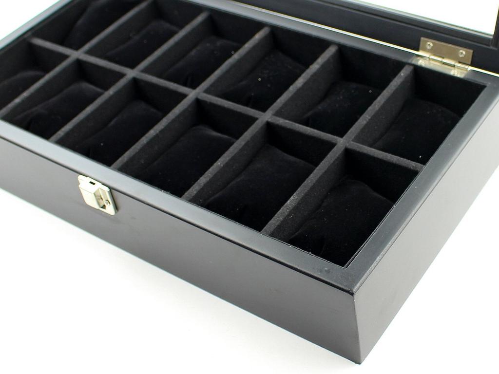 Anberotta Luxusní dřevěná krabička na hodinky pro 12 hodinek se skleněným okénkem AT50, (12 Hodinek/Černá)