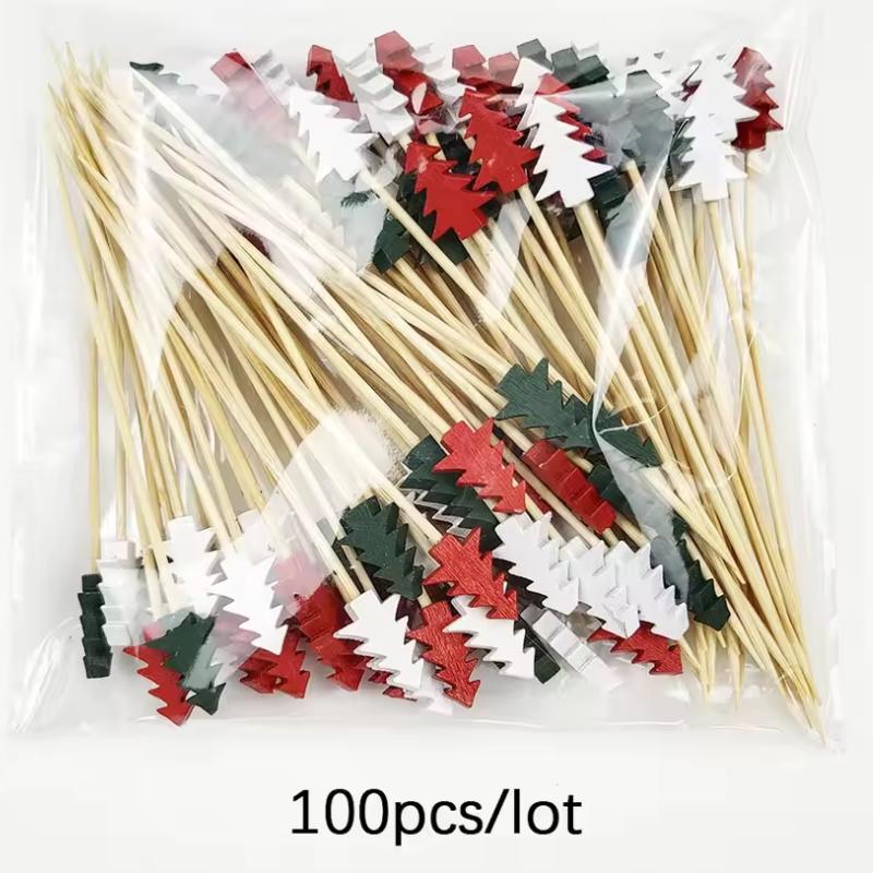 50Pcs Christmas Bamboo Skewers Disposable Food Dessert Toothpicks Fruit Salad Fork New Year Party Decoration Supplies