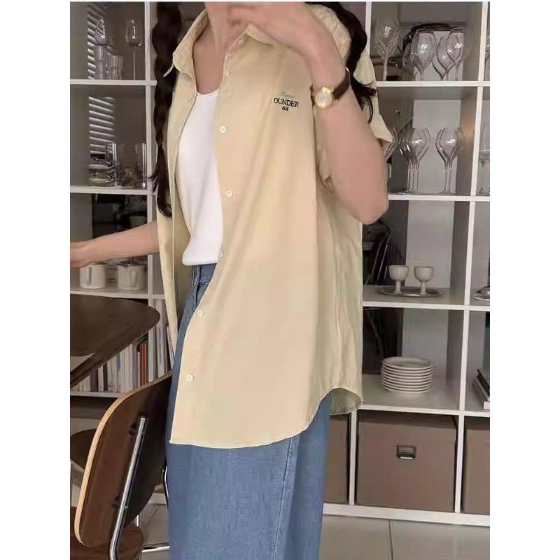 Embroidered Women's Short Sleeved Shirt Japanese Solid Color Women Coat Loose and Casual Fashionable Lady Clothing