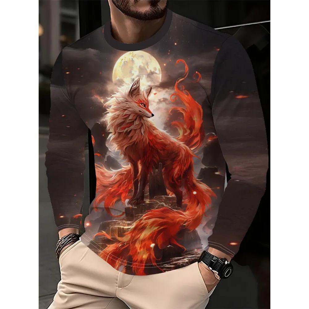 Spring Autumn Fashion Comfortable Loose Soft Casual Versatile Round Neck Long Sleeve T-shirt Creative Animal 3D Printed Men's T-shirt