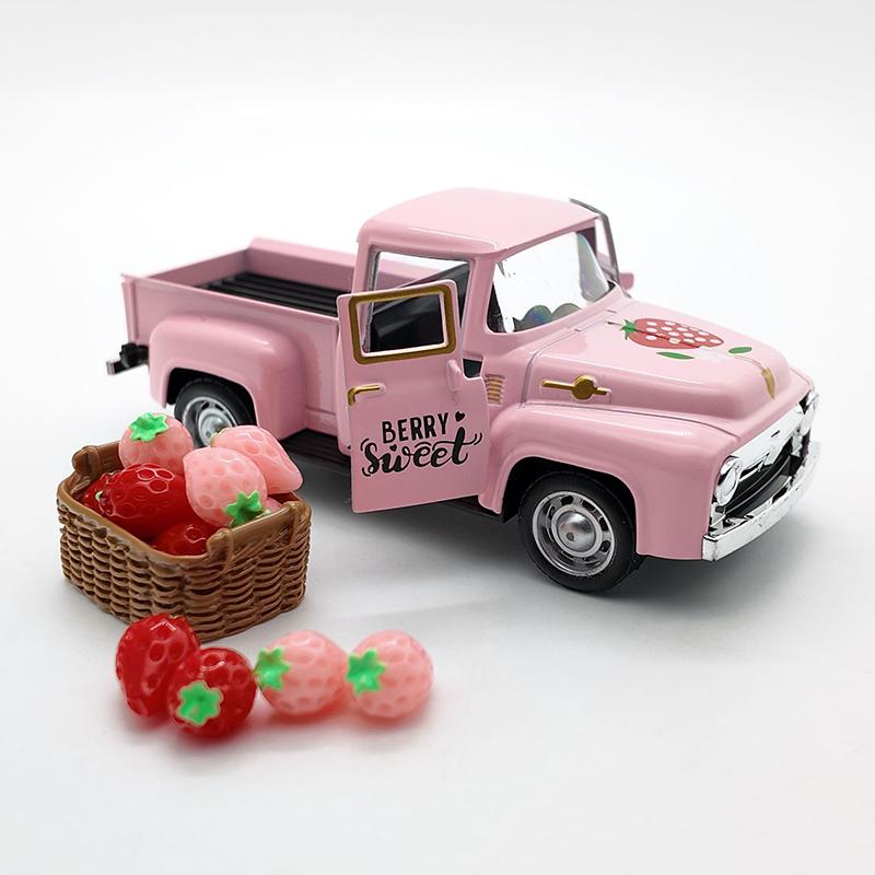 

Strawberry Decor 5 Inch Vintage Truck With Mini Fake Strawberries And Wooden Crate Farmhouse Tiered Tray Decor розовый