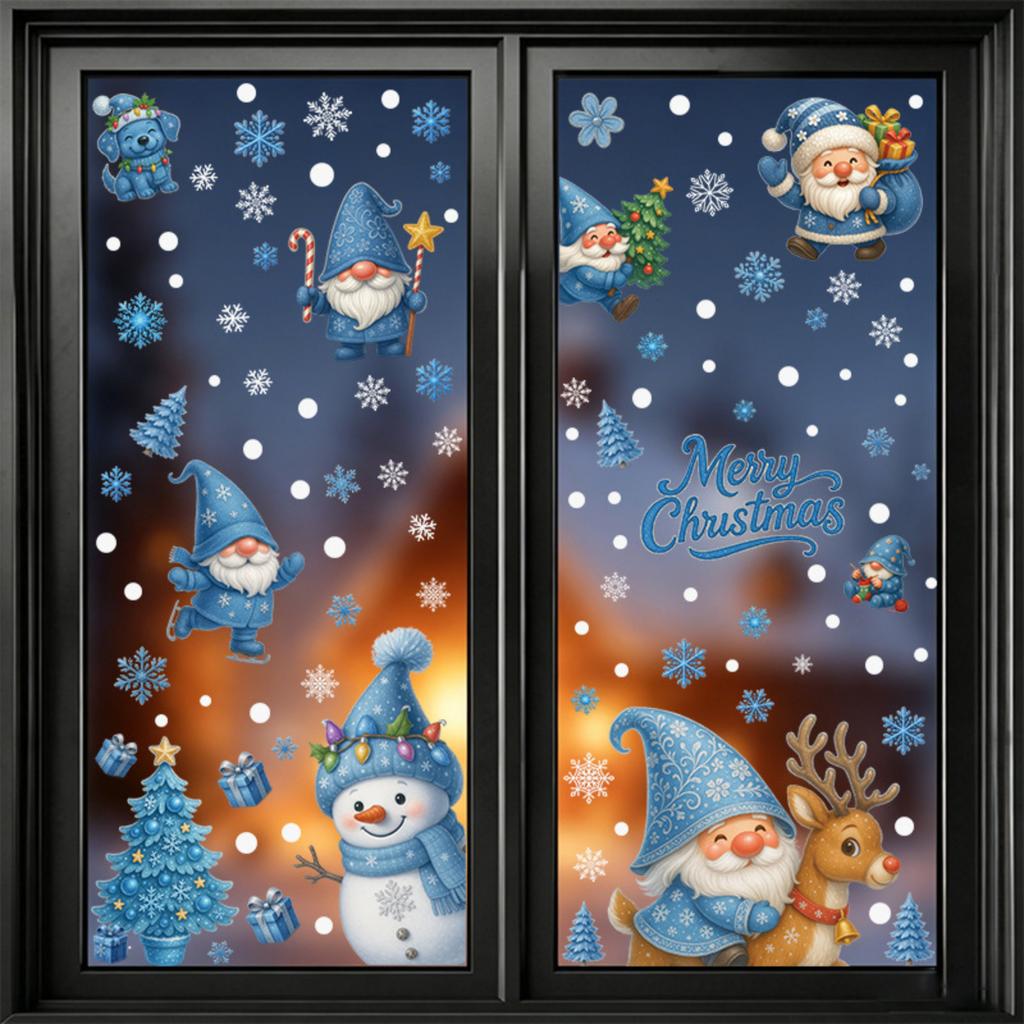 Christmas Static Window Clings with Blue Gnome, Snowman and Snowflake Designs for Storefront, No Glue, No