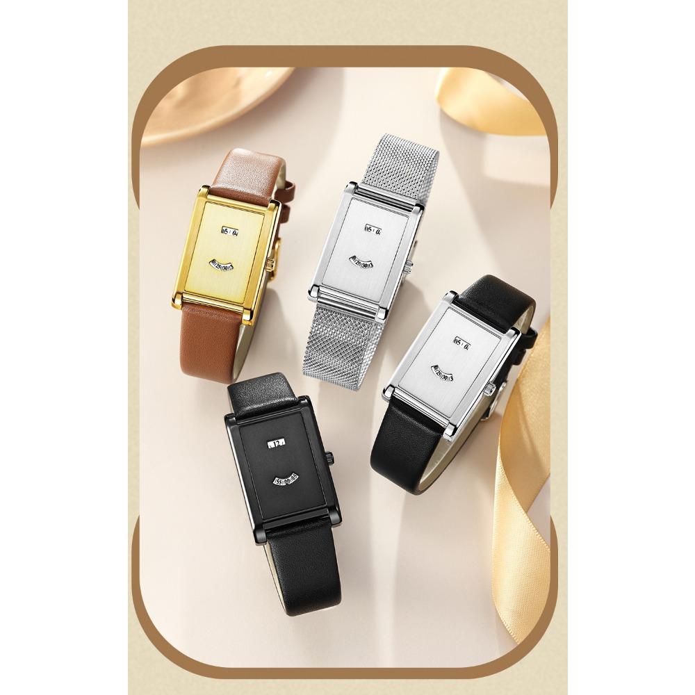 Women Rectangle Quartz Wristwatch Leather Strap Date & Minute Display Dress Daily Watch