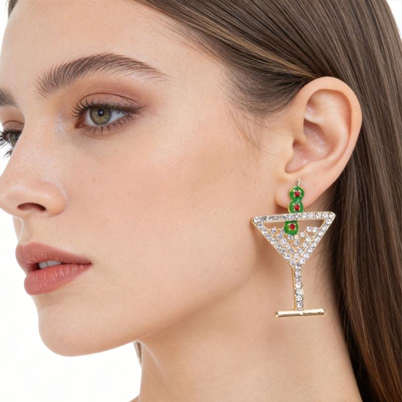 Clovers Earrings Featuring Diamonds Studs and Wine Glass Designs for Festive Luck Celebration Geometric Art
