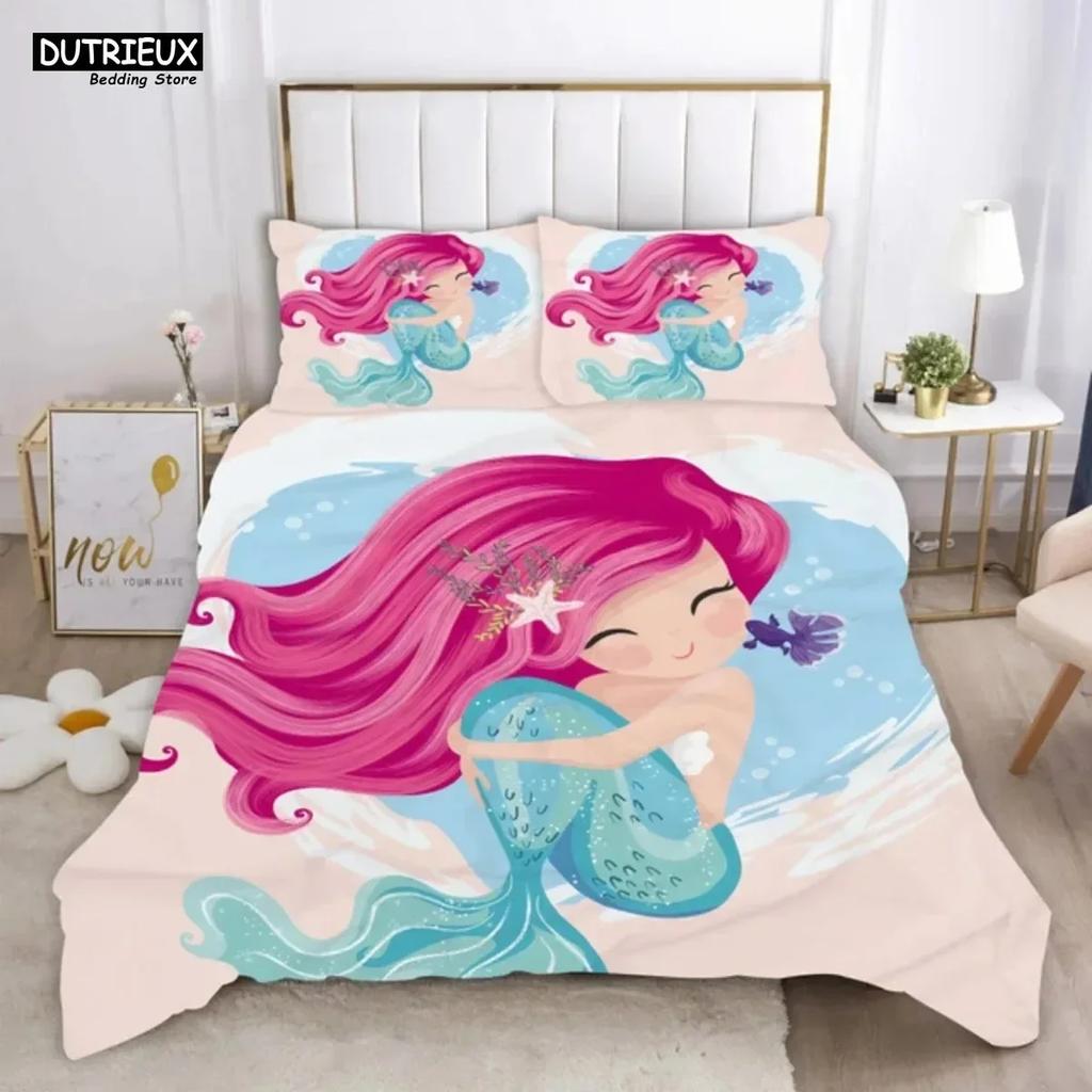 Luxury New 3D Print Cartoon Blue Mermaid Duvet Cover Beautiful Girl With Unicorn Bed Cover Single Double Queen King Bedding Set