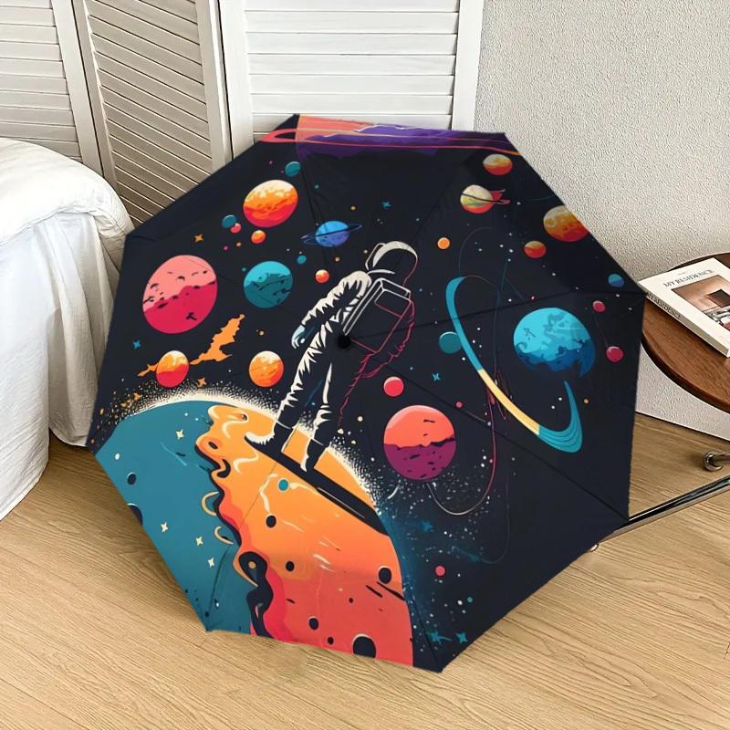 1pc Astronaut Exploring Colorful Planets Umbrella with Plastic Handle,Suitable for All Seasons Home Travel Outdoor UmbrellaDD060