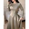 European autumn new solid color round neck front shoulder long sleeve waist thin fashion medium and long dress