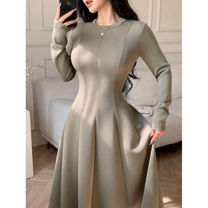European autumn new solid color round neck front shoulder long sleeve waist thin fashion medium and long dress