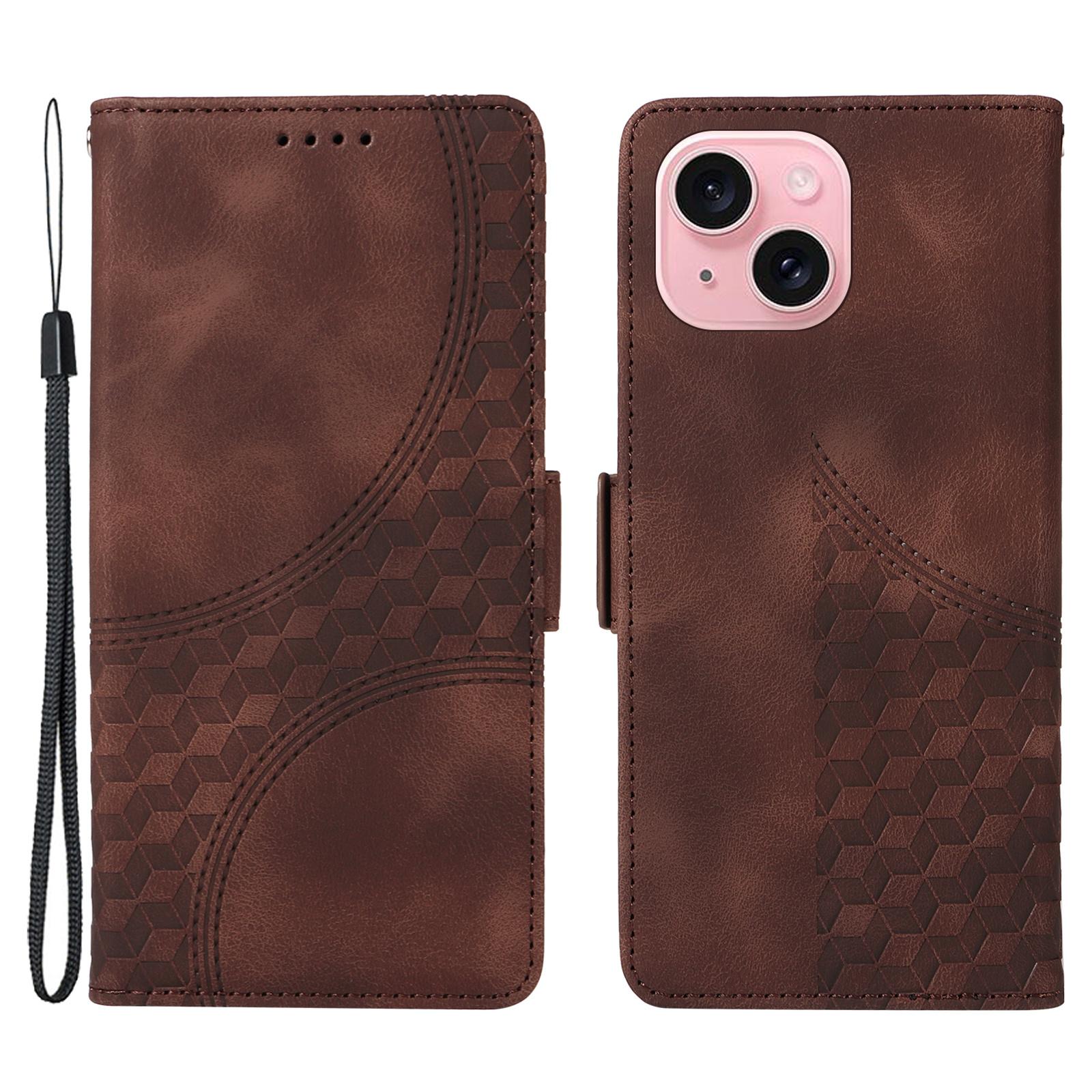 

For iPhone 15 Leather Cases Wallet Rhombus Imprinted Phone Cover Stand with Strap Brown