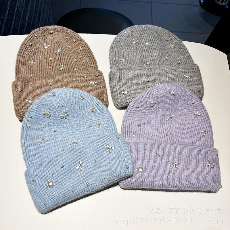 Autumn and winter new pearl bow light luxury wool hat women's big head circumference shows a small face, cold-proof ear protection knitted hat