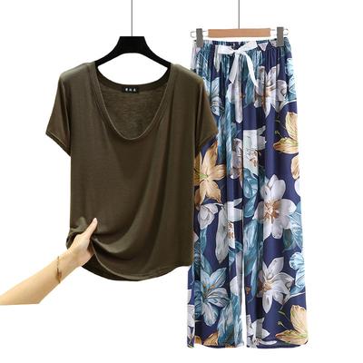 Deep U Neck T-shirt with Floral Wide Leg Pants Summer Fashion Pajamas Sets Can Outwear Loose Homewear 2pcs Suit Comfort Loungewear Plus Size