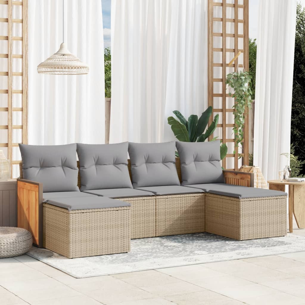 Vidaxl 6-Cz. Garden Furniture Set With Cushions, Beige, Poly Rattan