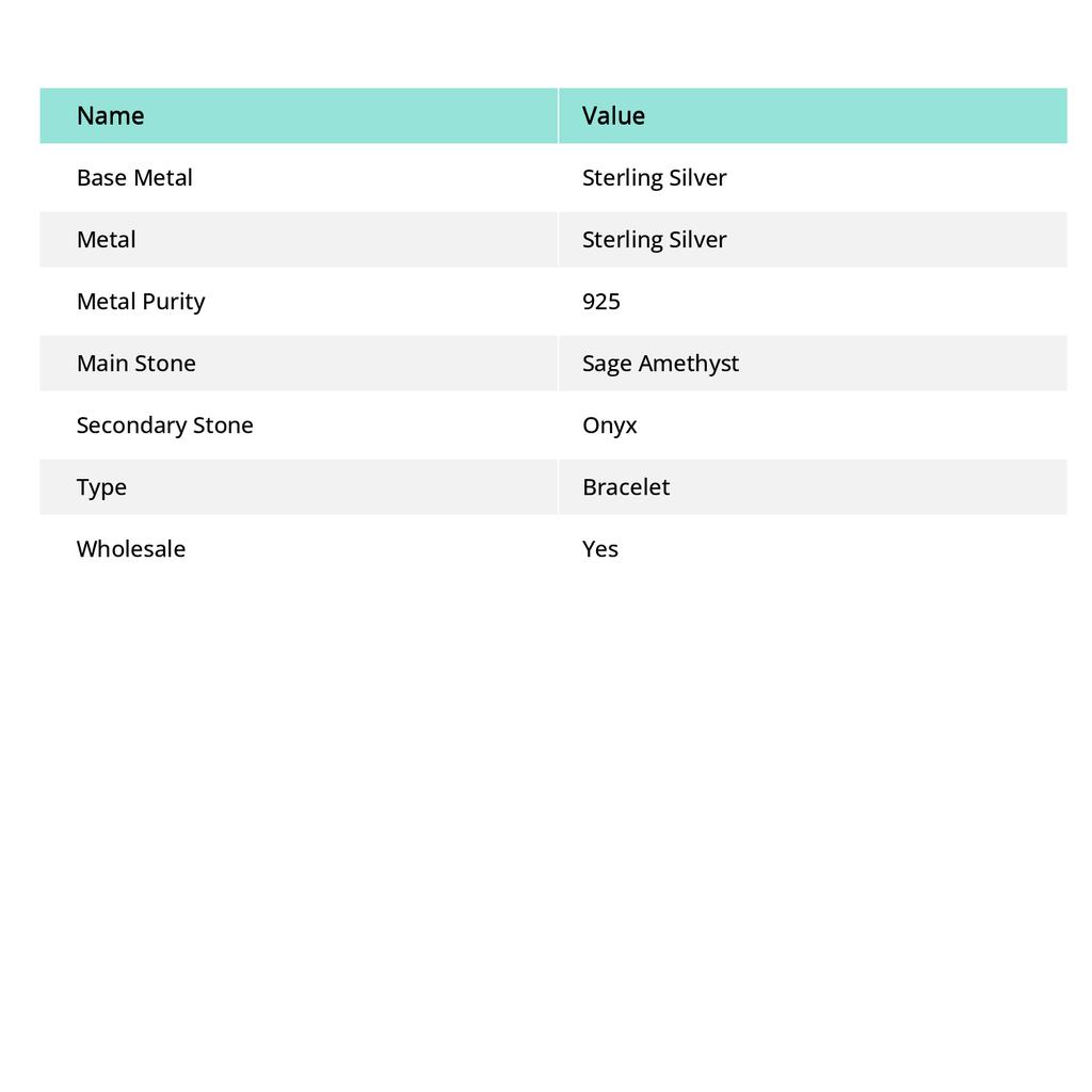 Sage Amethyst, Onyx Gemstone 925 Sterling Silver Jewelry Bracelet 7-8"