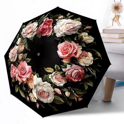 Floral Wreath Design Automatic Umbrella Folding Umbrella with 8 Ribs Durable & Iron All-Season Use Vibrant Pattern Umbrella Gift for Festivals