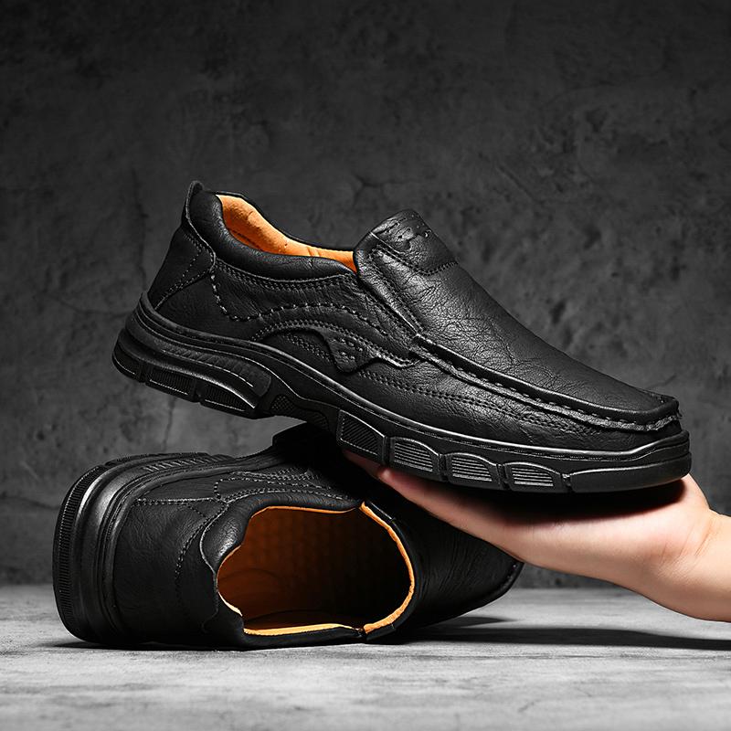 

Кожаная мужская обувь ручной работы, повседневные уличные лоферы без шнуровки, мужская кожаная обувь, мокасины на плоской подошве, прогулочная обувь, нескользящая дропшиппинг 38 чёрный