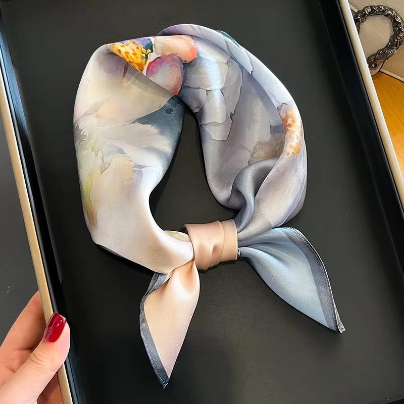 New Women Square 100% Natural Silk Scarf Foulard Bandana Lady Floral Neck Scarves for Hair Neckerchief Spring Bag Ties 53cm