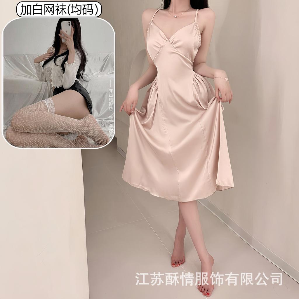 Crispy sexy suspender long hollow backless strap solid color low neck temptation casual nightdress home set
