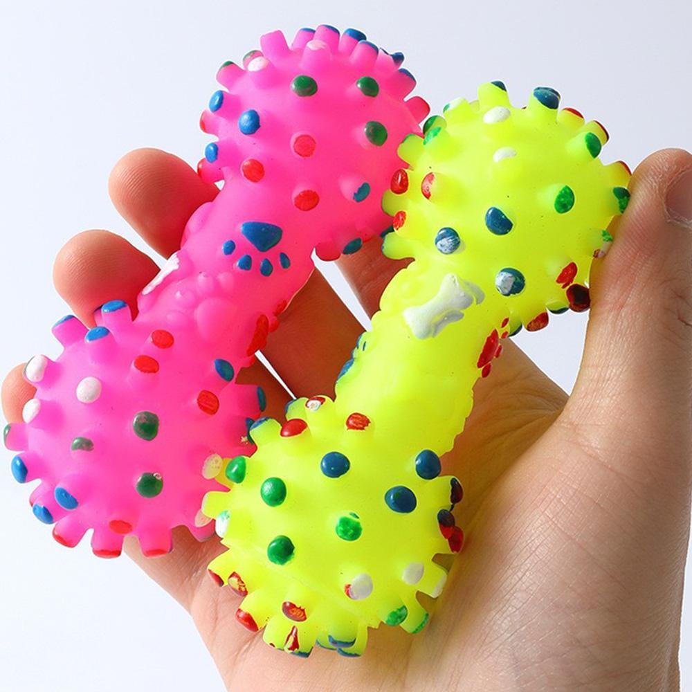 Dog Squeaky Chew Toy - Dumbbell Shape with Small Spikes, Rubber Pet Toy for Teething, Teeth Cleaning & Tartar Reduction,