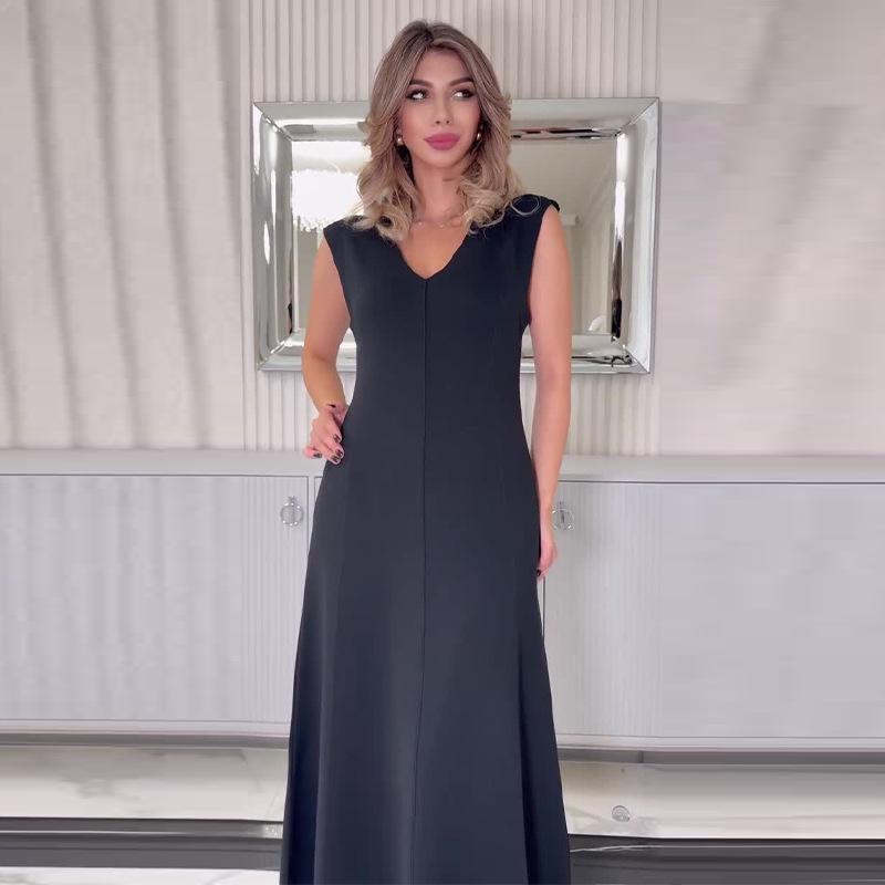 2024 European & American Women's Solid V-Neck Sleeveless Long Dress - Simple & Comfortable
