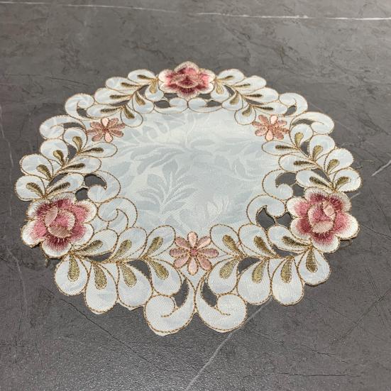 Embroidered Flower Placemat, Round Floral Coaster Placemat, Heat Resistant Table Protector Mat for Dining Table Cup Vase Wedding Party Decoration
