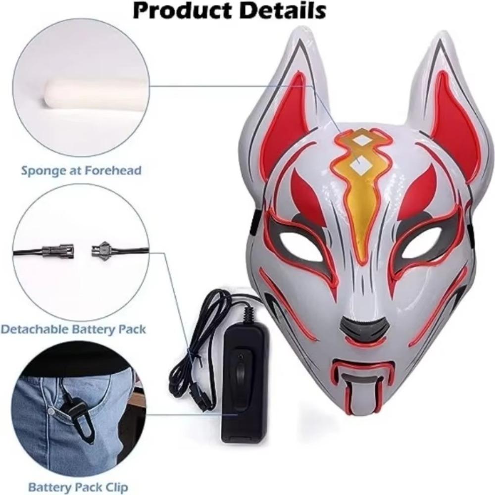 High Quality PVC Japanese Fox Mask Full Face Reusable Halloween Costume Mask Durable LED Neon Light Mask