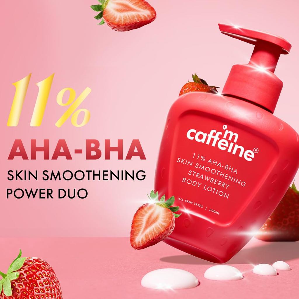 mCaffeine 11% AHA BHA Strawberry Body Lotion 200ml for Smooth Skin, Hydration & Juicy Fragrance, Men & Women