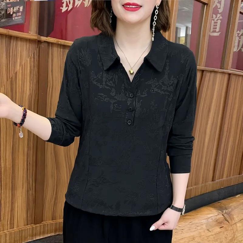Autumn Temperament Mother Dress Women's Versatile Solid Color Lapel Long Sleeve Loose Pullover Top