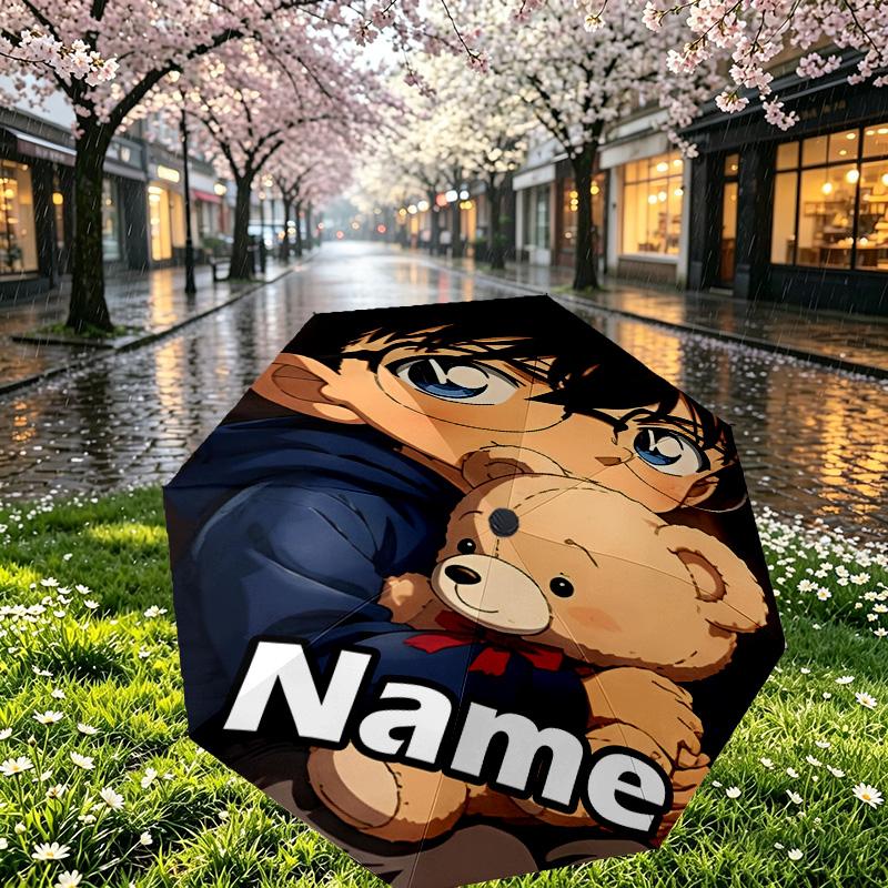 Custom Name Personalized Detective Conan Print Umbrella, Auto Open Close, 8‑Rib Sturdy Frame, Commute Camping Hiking Use, Birthday Gift