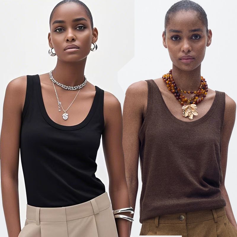 Linen French style UK Spaghetti Strap Cotton Top Cami Sexy White U Collar Thread Export Brown