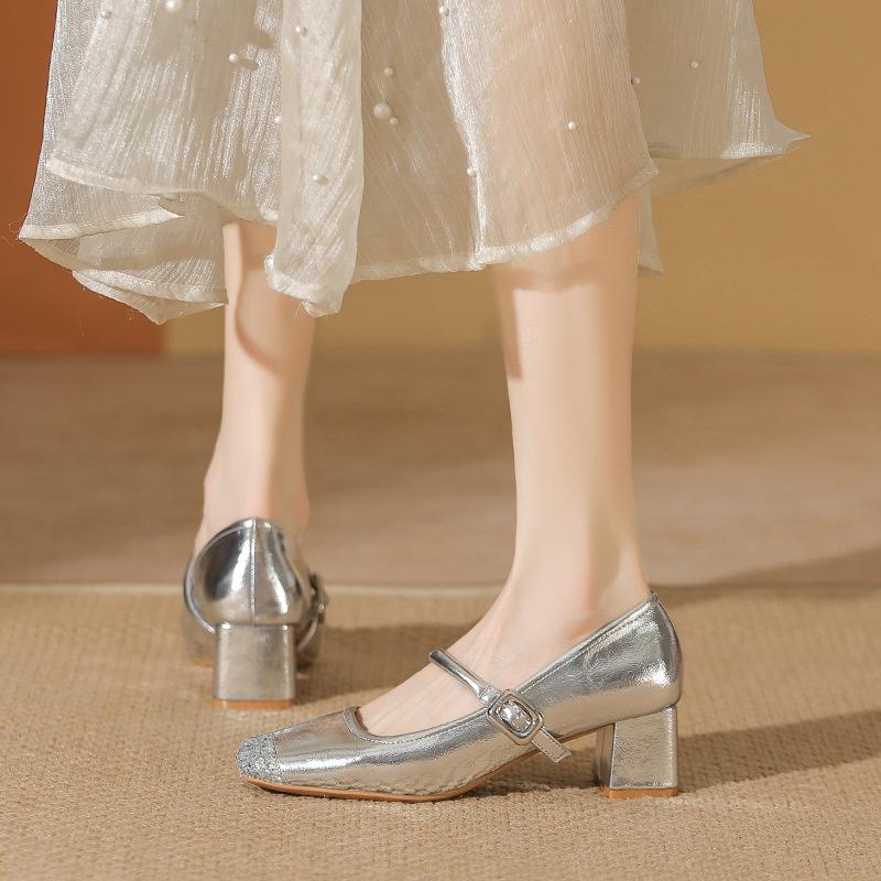 Sheepskin Not Tired Feet Single Shoes Square Head Rhinestone One-word Buckle Thick Heel Mary Jane Shoes Women's High Heel Ballet Shoes