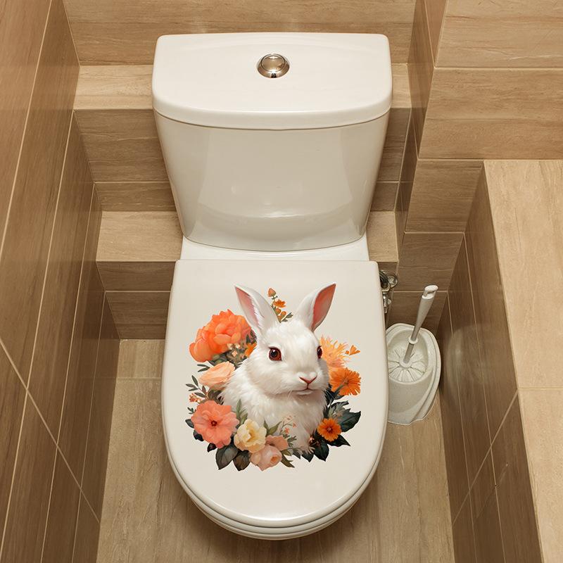 Cute Bunny Flower Toilet Stickers, Waterproof Removable Decals for Bathroom Restroom Decor, Self-Adhesive