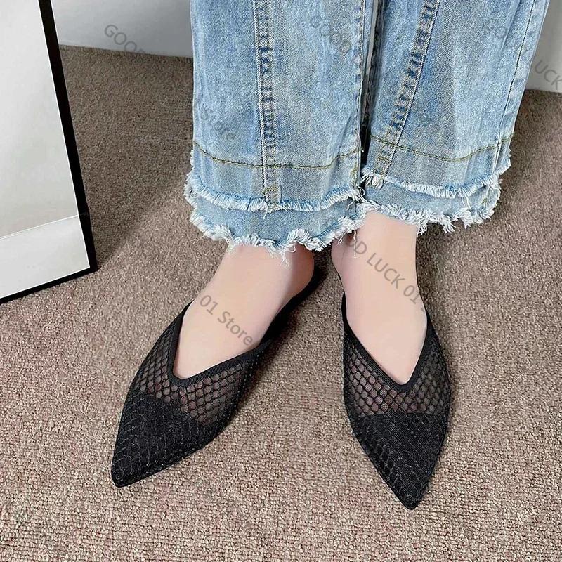 Fashion 2025 Hollow Mesh Flat Shoes Fashion Pointed Toe Half-pack Slippers New Summer Comfortable Square Heel Women's Shoes Large Size