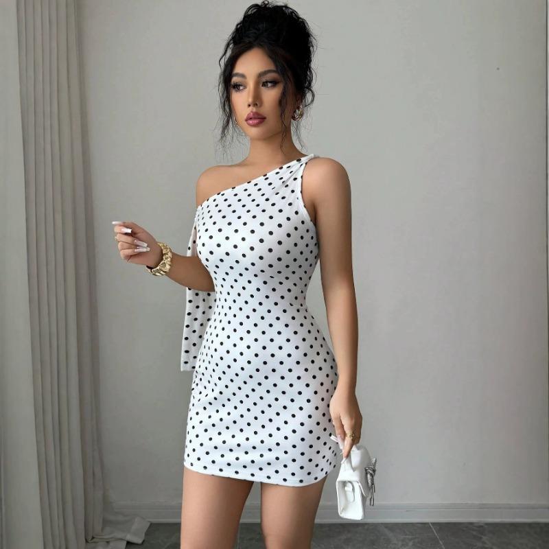 Women Sexy Polka Dot One Shoulder Tie Slim Bodycon Mini Dress
