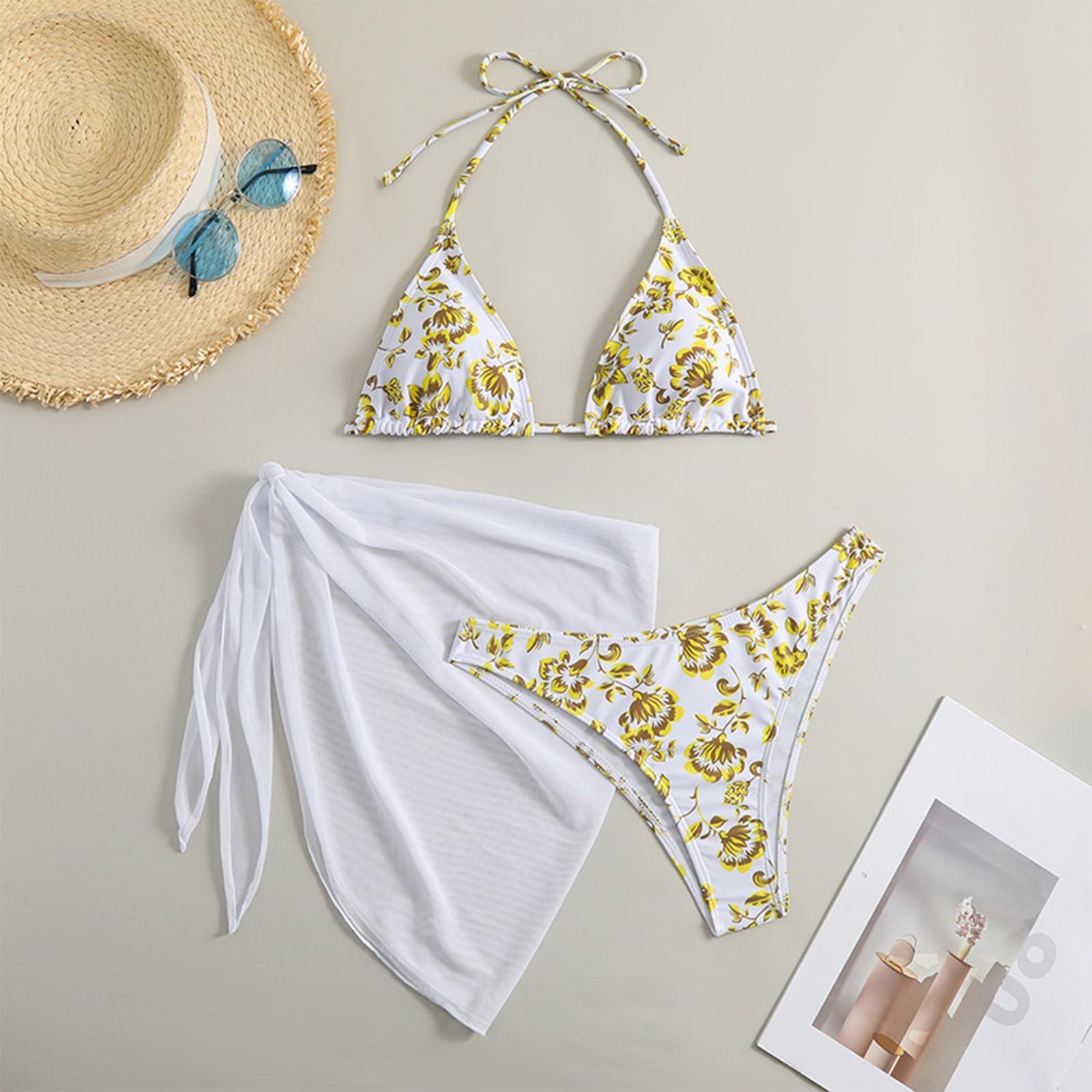 

Сексуальный купальник-бикини с цветочным принтом, комплект из трех частей XL жёлтый