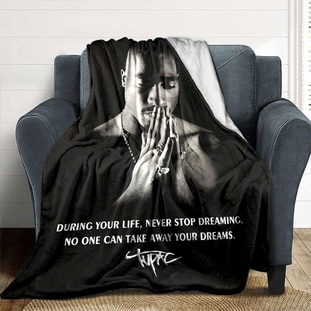 1pc 2Pac Hip Hop Blanket Soft Lightweight All Season Multi Purpose Throw for Sofa, Bed, Office & Picnics, French Style with Iconic Album Art & Quotes