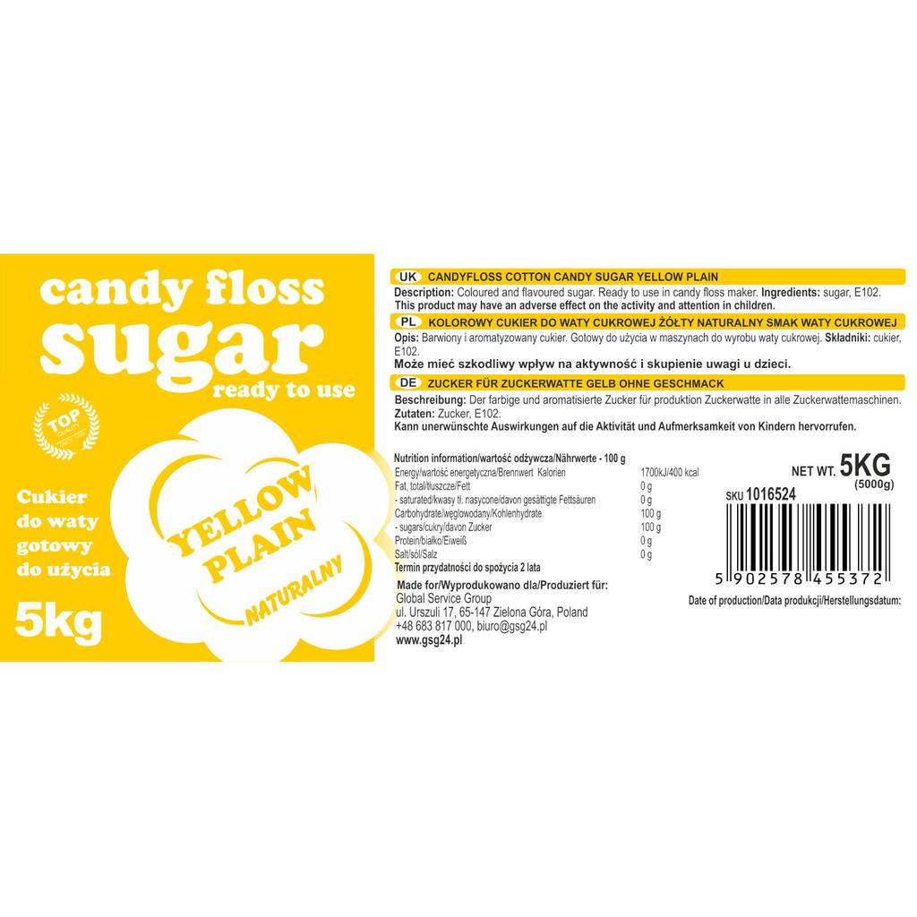 Colored Cotton Candy Sugar, Yellow, Natural Flavor, 5kg