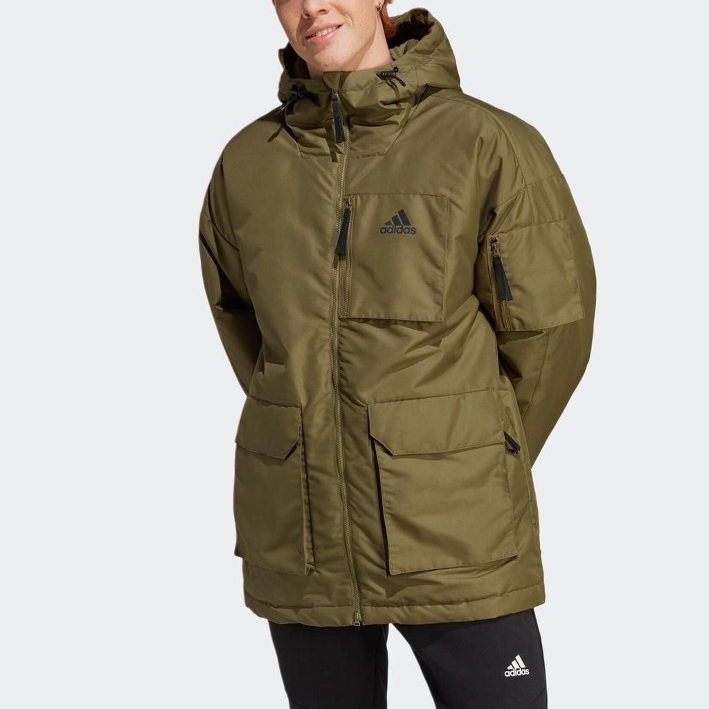 Adidas Sports Lifestyle Series Enkel Hettejakke med Glidelås og Lommer Varm Parka Nedfelt Skulder Langermet Dunjakke Herre yttertøy Mørk Oliven Grønn HK6664