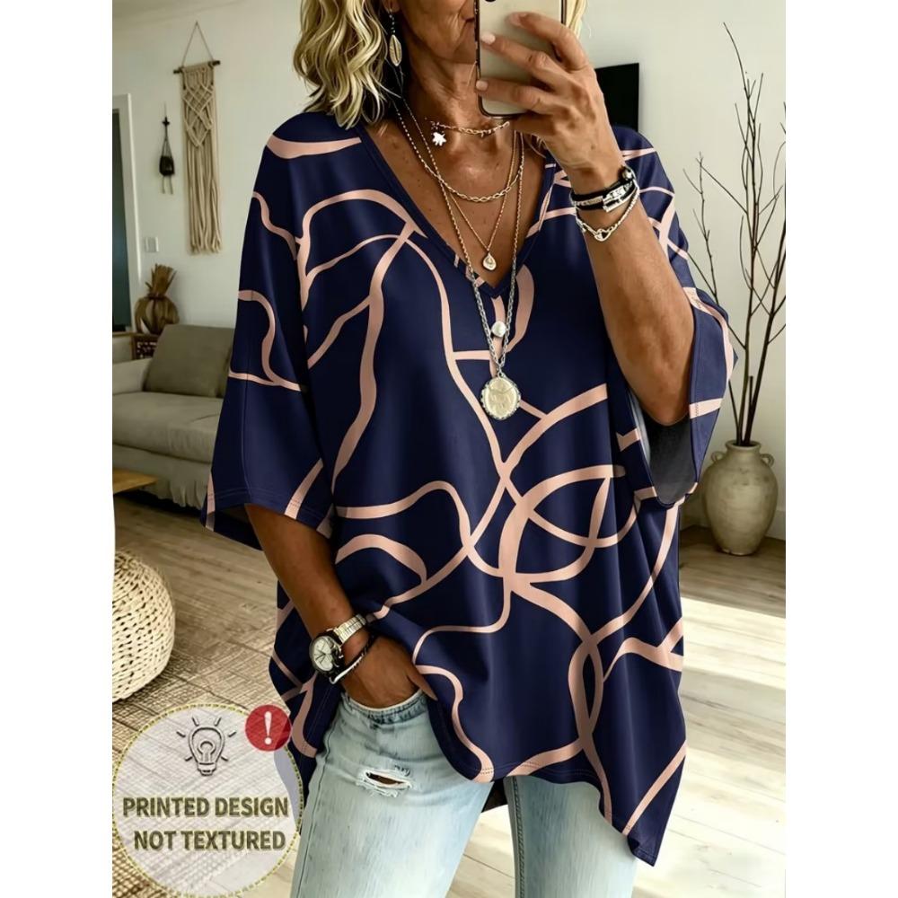 Plus Size Women's Color Block Leopard Print V-neck Top Three-quarter Sleeve Loose Plus Size Casual Daily T-shirt