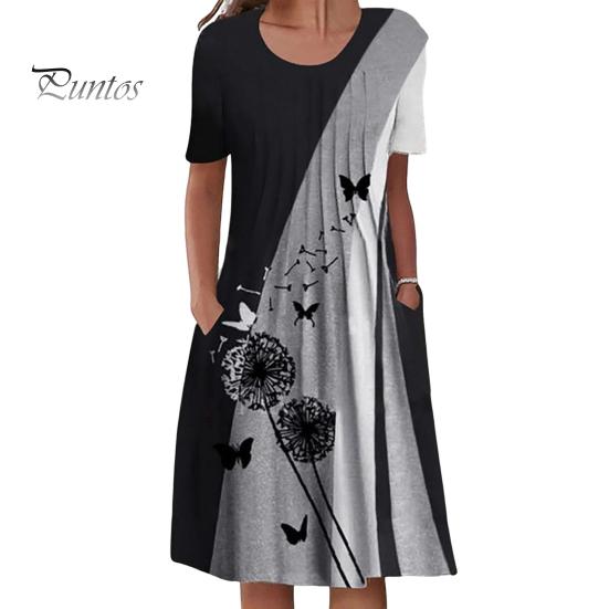 

Женское повседневное платье-футболка, летнее платье-трапеция с коротким рукавом, плиссированное платье миди с цветочным принтом, круглым вырезом и карманом M чёрный