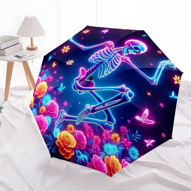 1 Stück Neon Skelett Tanz Blumen Schmetterlinge Regenschirm mit Kunststoffgriff, Geeignet für Alle Jahreszeiten Zuhause Reise Outdoor RegenschirmDD1763
