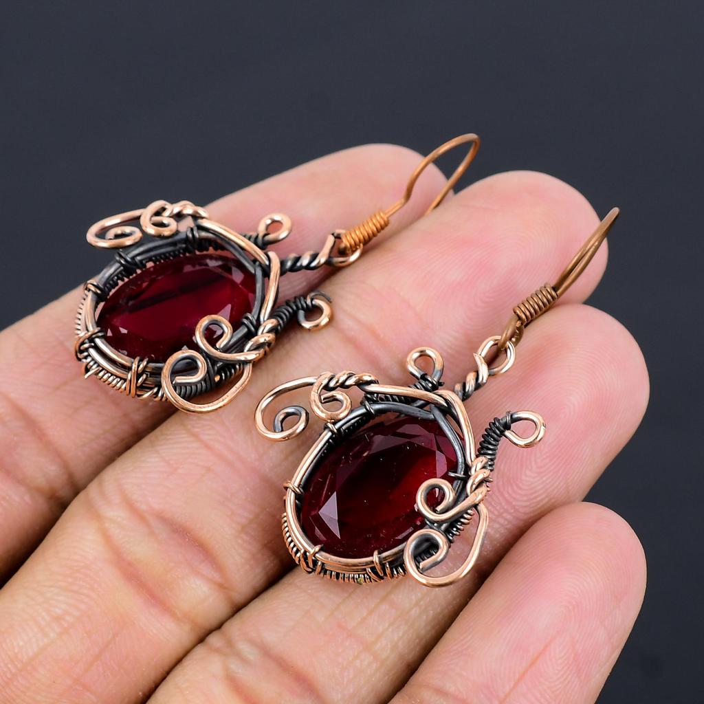 Garnet Jewelry, 999 Copper Wire Wrapped Earrings, Handmade Gemstone Jewelry Earrings For Memorial Day