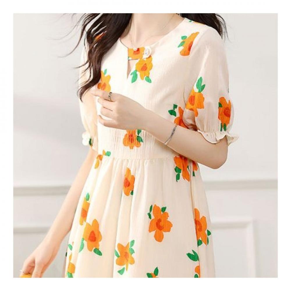 Navava Women Flower Printing Shirring Short Sleeve Dress No372