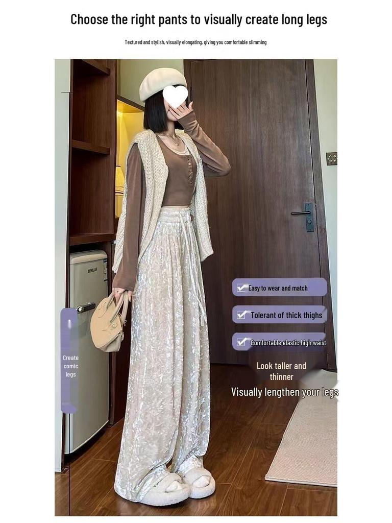 Southeast Asia Plus Size Velvet Wide-leg Pants – Casual, Stylish & Age-reducing with Drawstring