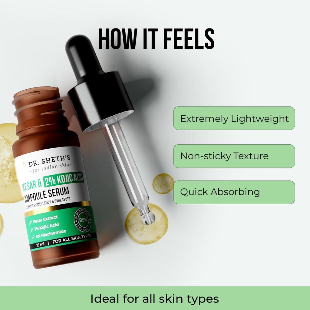 Dr. Sheth's Kesar & 2% Kojic Acid Ampoule Serum 10 Ml Pack for Brightening & Glowing Skin